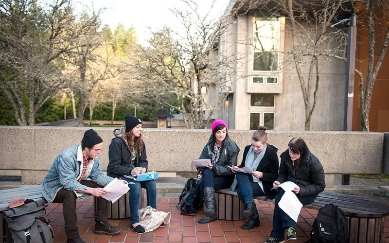 Leerlingen die samen buiten studeren